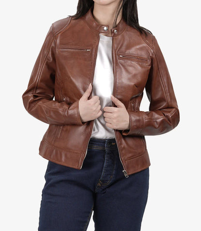 Dodge Womens Cognac Brown Biker Style Leather Jacket