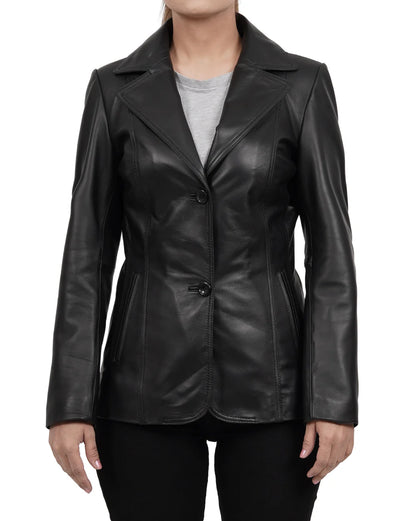 Women's Black Two Button Leather Blazer Jacket