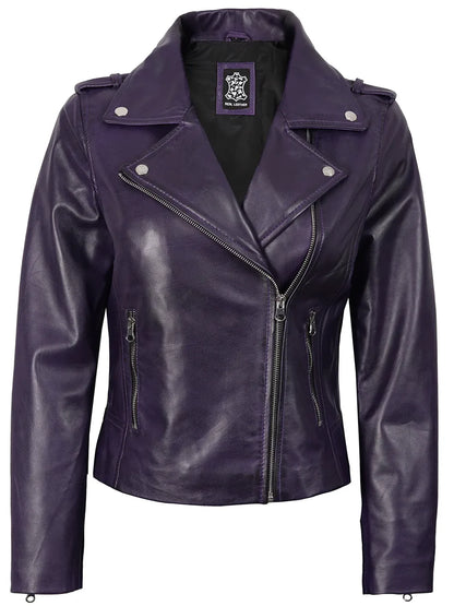 Kirsten Women's Purple Asymmetrical Biker Style Leather Jacket
