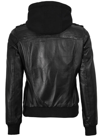 Real Leather Women's Bomber Black Jacket with Removable Hood