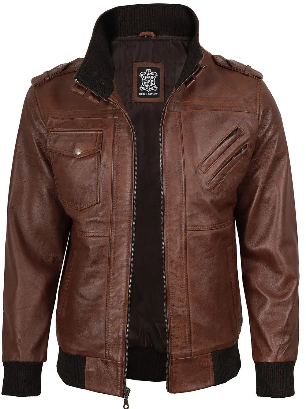 Edinburgh Mens Brown Bomber Leather Jacket With Removable Hood