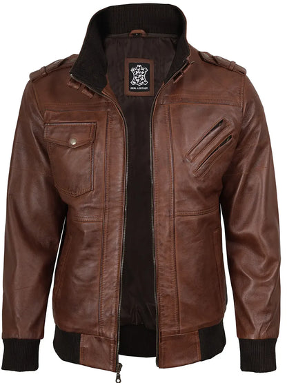 Edinburgh Mens Brown Bomber Leather Jacket With Removable Hood