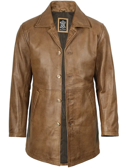 Winchester Men's Camel Brown 3/4 Length Leather Car Coat