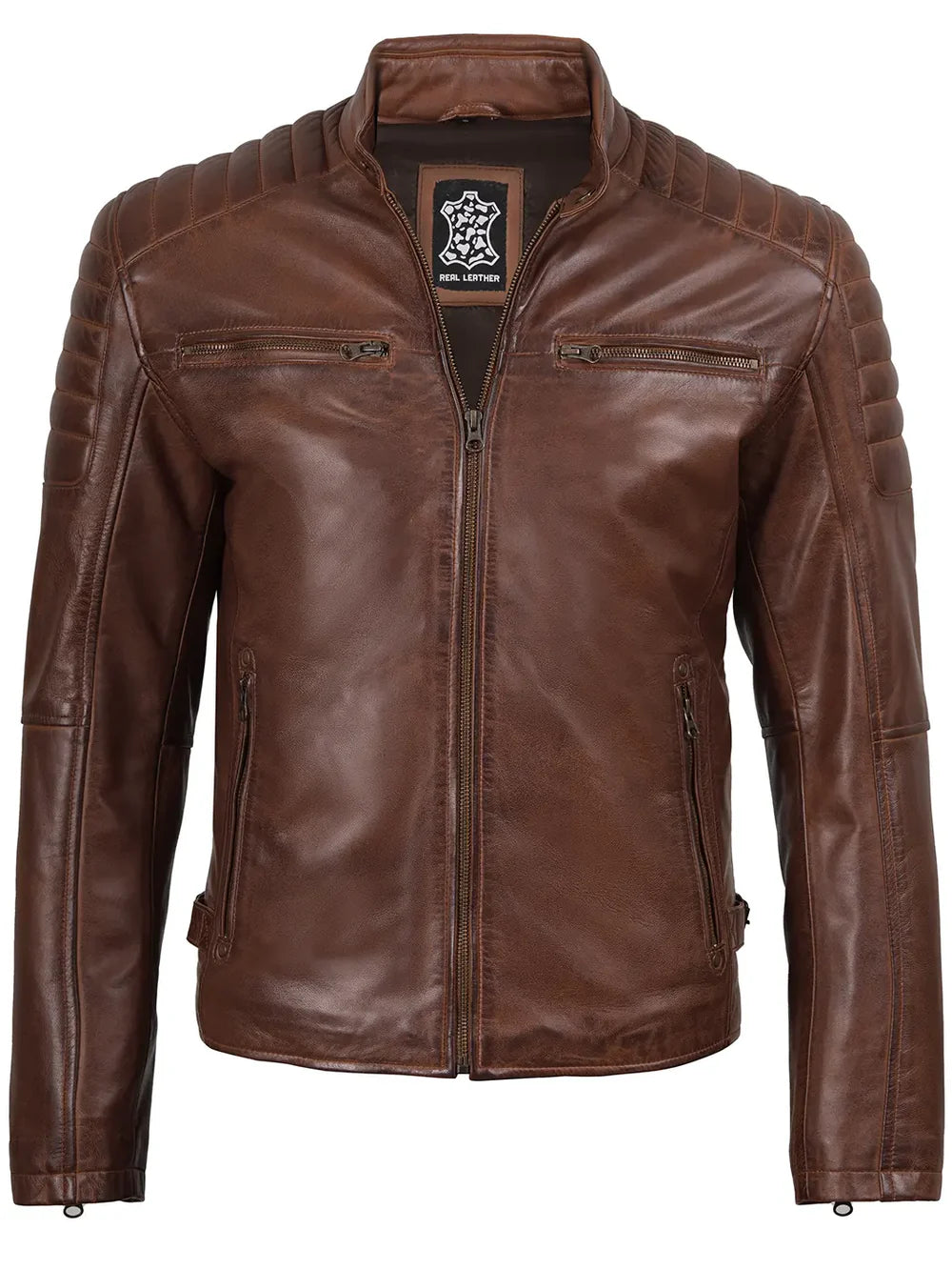 Mens Cognac Brown Cafe Racer Style Leather Jacket