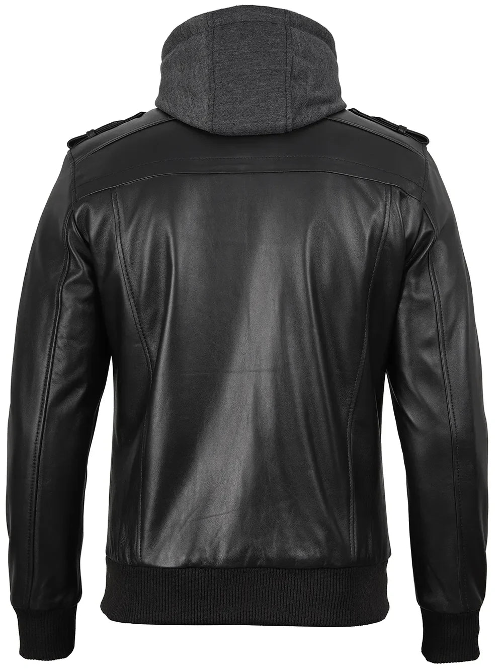 Men's Black Bomber Leather Jacket with Removable Hood