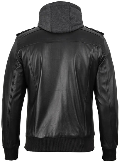Men's Black Bomber Leather Jacket with Removable Hood