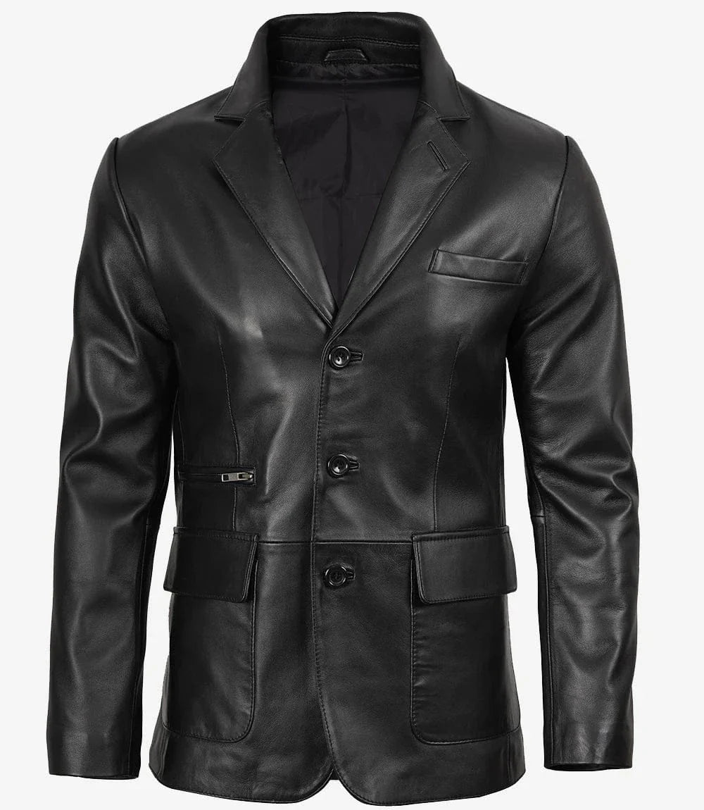 Men's Black Three Button Real Leather Blazer