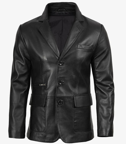 Men's Black Three Button Real Leather Blazer