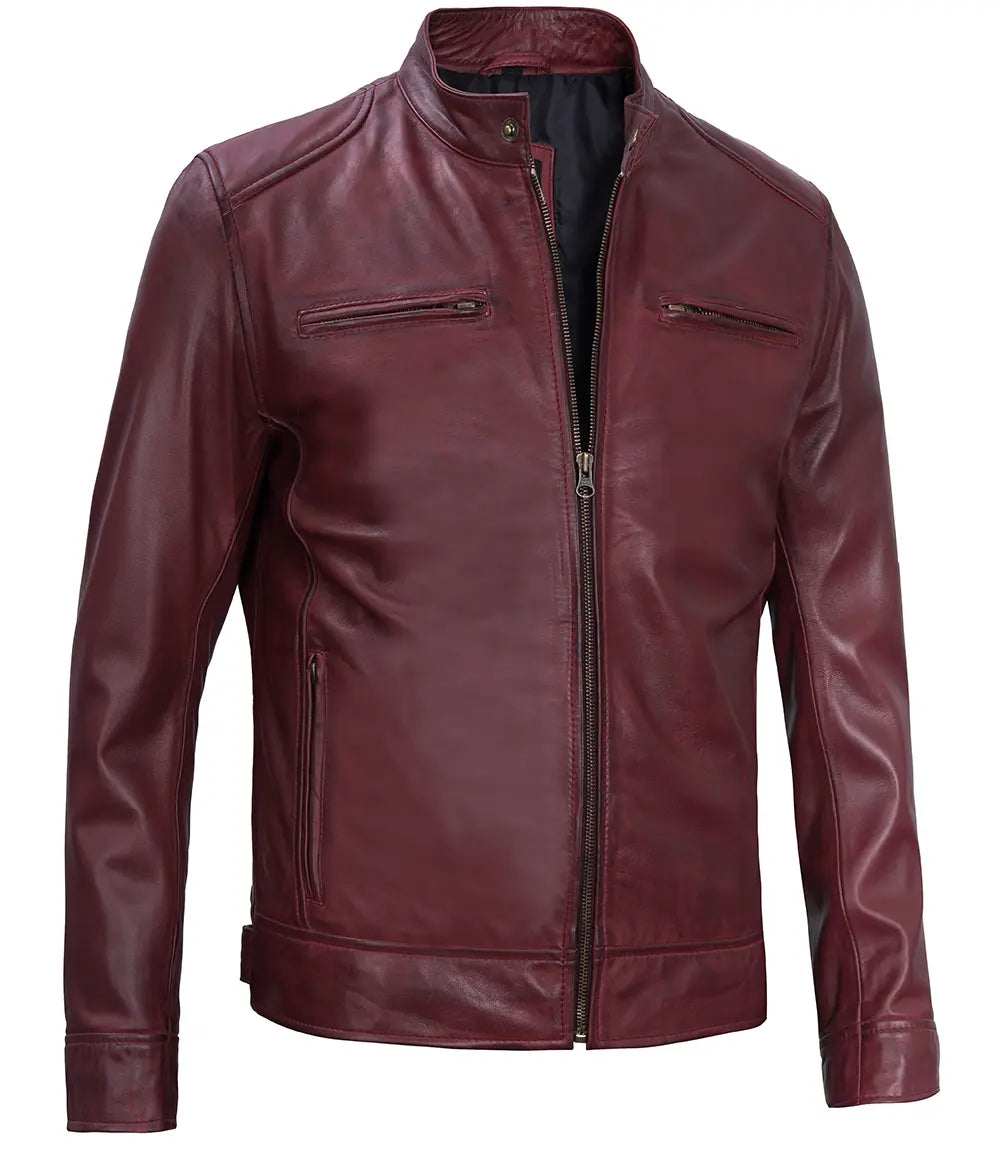 Dodge Men's Cafe Racer Style Burgundy Leather Jacket