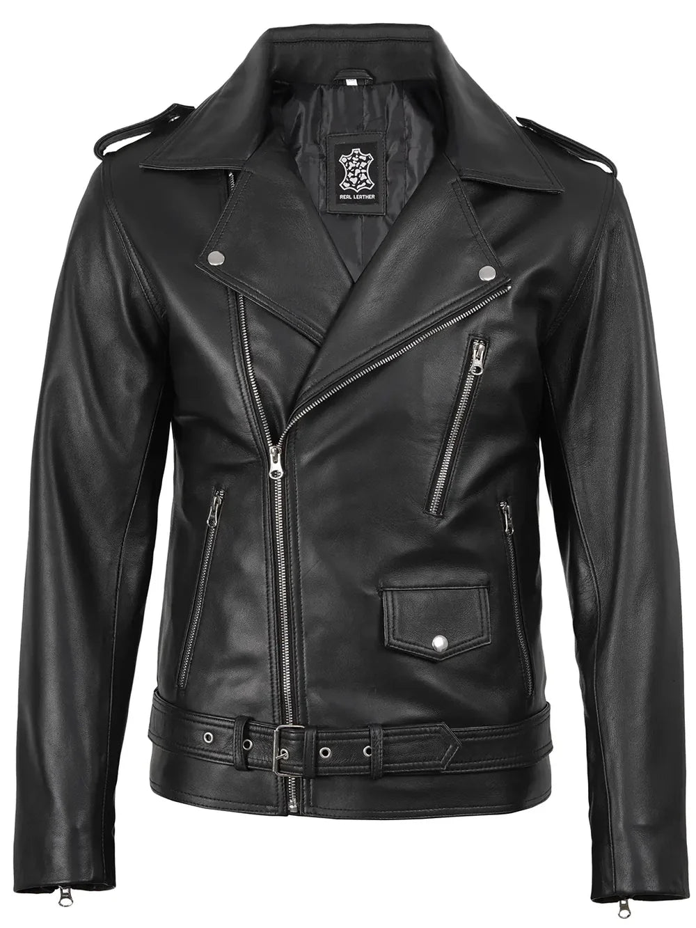 Men's Black Asymmetrical Belted Leather Biker Style Jacket