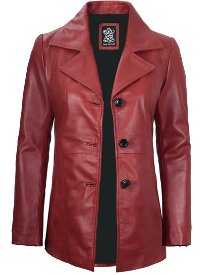 Women's Red Real Leather Blazer Jacket
