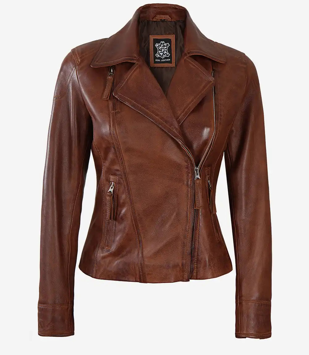 Ramsey Women's Cognac Brown Asymmetrical Leather Jacket