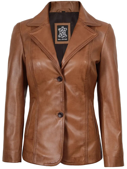 Women's Two Button Tan Brown Leather Blazer Jacket