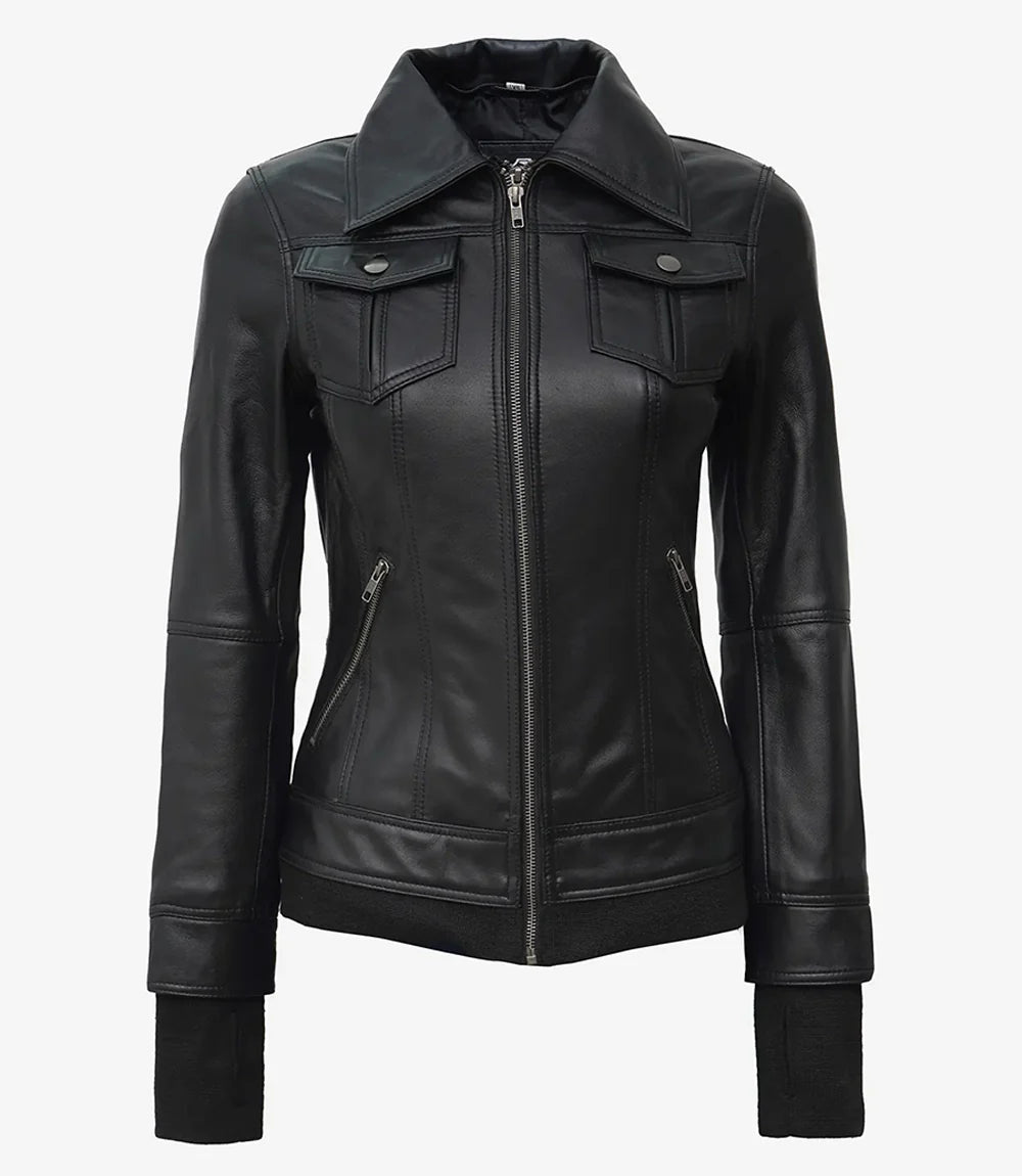 Real Leather Womens Black Bomber Jacket with Removable Hood