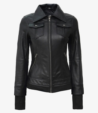 Real Leather Womens Black Bomber Jacket with Removable Hood