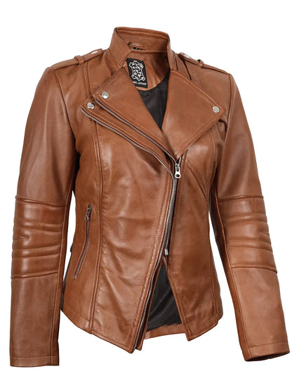 Monica Women's Tan Brown Leather Biker Style Jacket