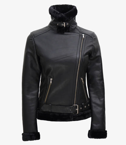 Women's Black Asymmetrical Shearling Leather Jacket