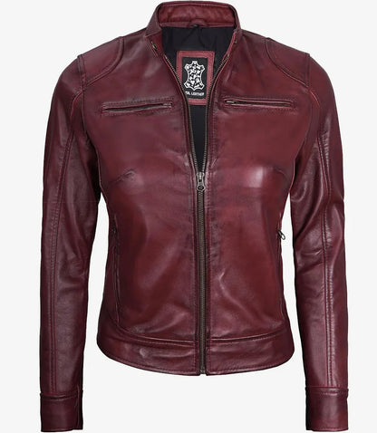 Dodge Womens Burgundy Leather Jacket Cafe Racer