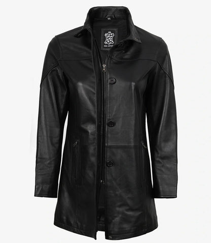 Womens Black 3/4 Length Real Leather Car Coat