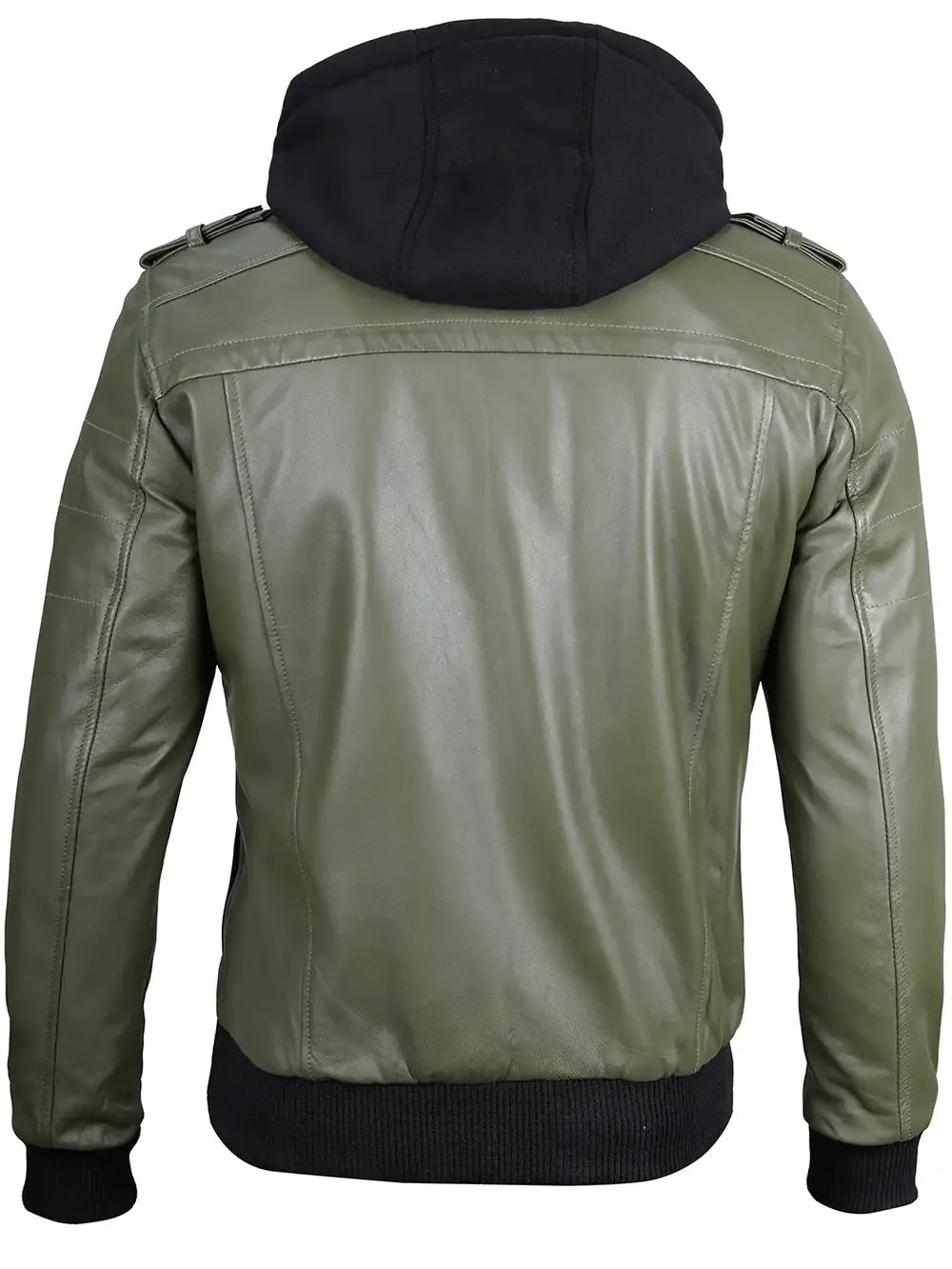 Men's Military Green Leather Jacket with Removable Hood