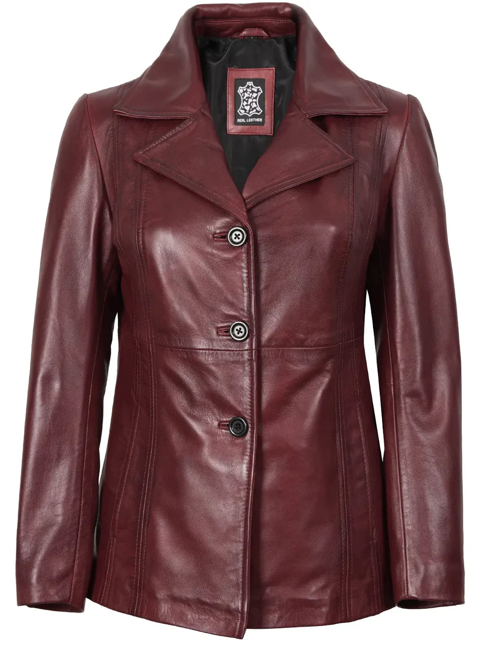 Women's Real Leather Burgundy Blazer with Three Button