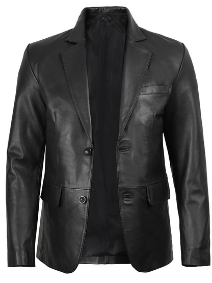 Men's Two Button Black Leather Blazer