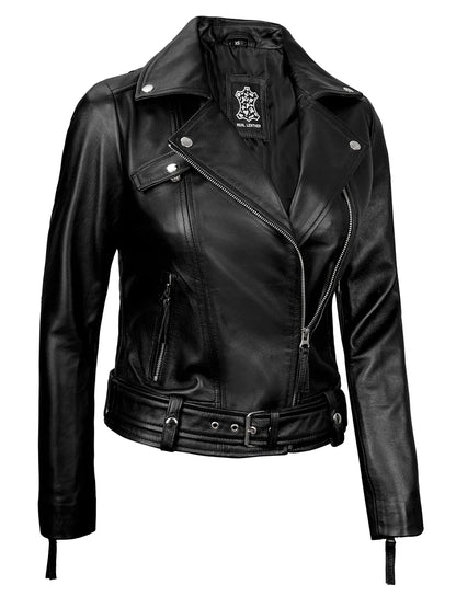 Angela Womens Black Asymmetrical Belted Leather Jacket