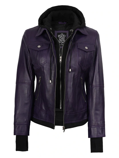 Women's Purple Leather Jacket with Removable Hood