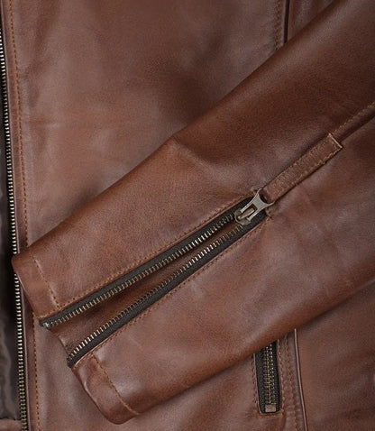 Men's Cognac Brown Leather Racer Jacket with Black and Beige Stripes