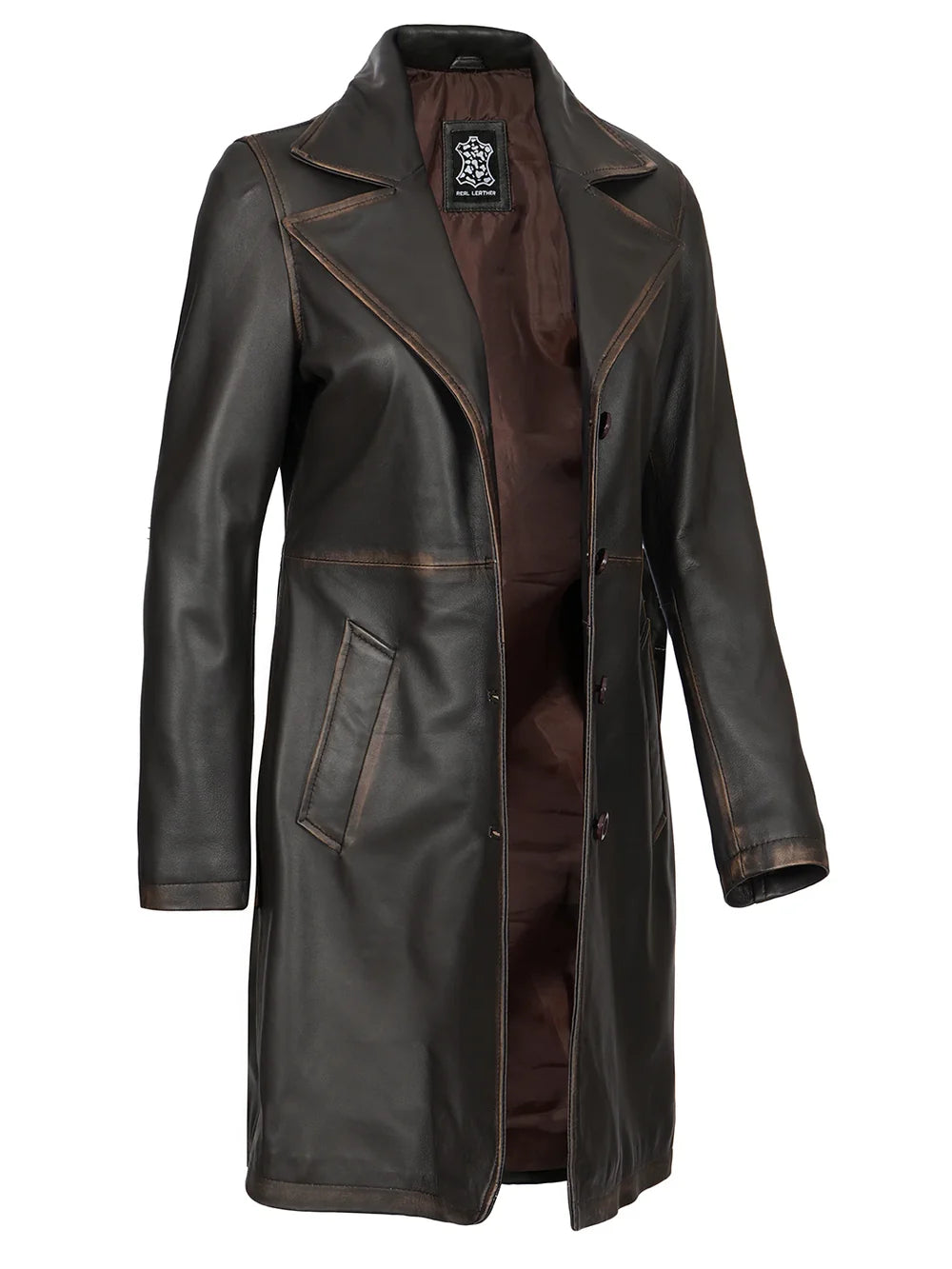 Bryson Women's Rub Off Dark Brown Leather Long 3/4 Coat