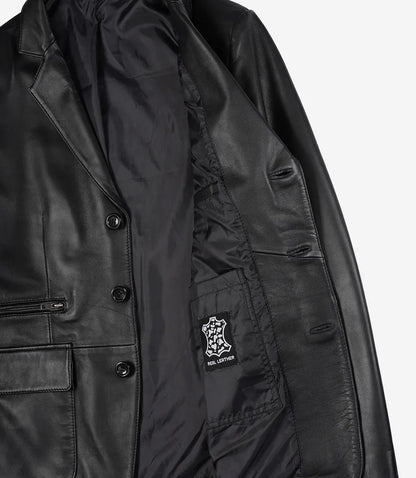 Men's Black Three Button Real Leather Blazer