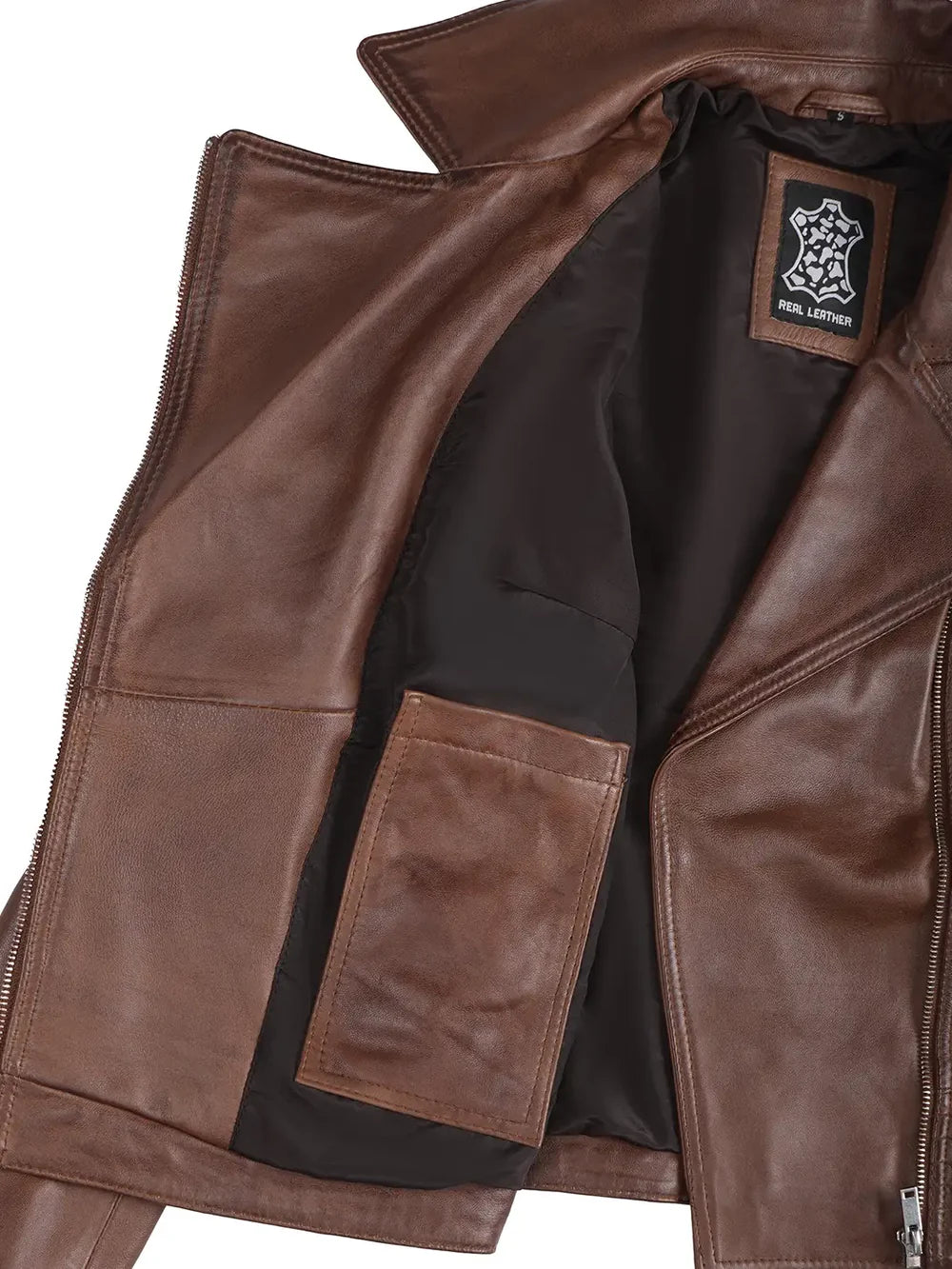 Womens Asymmetrical Cognac Wax Biker Style Leather Jacket
