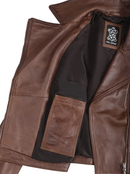 Womens Asymmetrical Cognac Wax Biker Style Leather Jacket