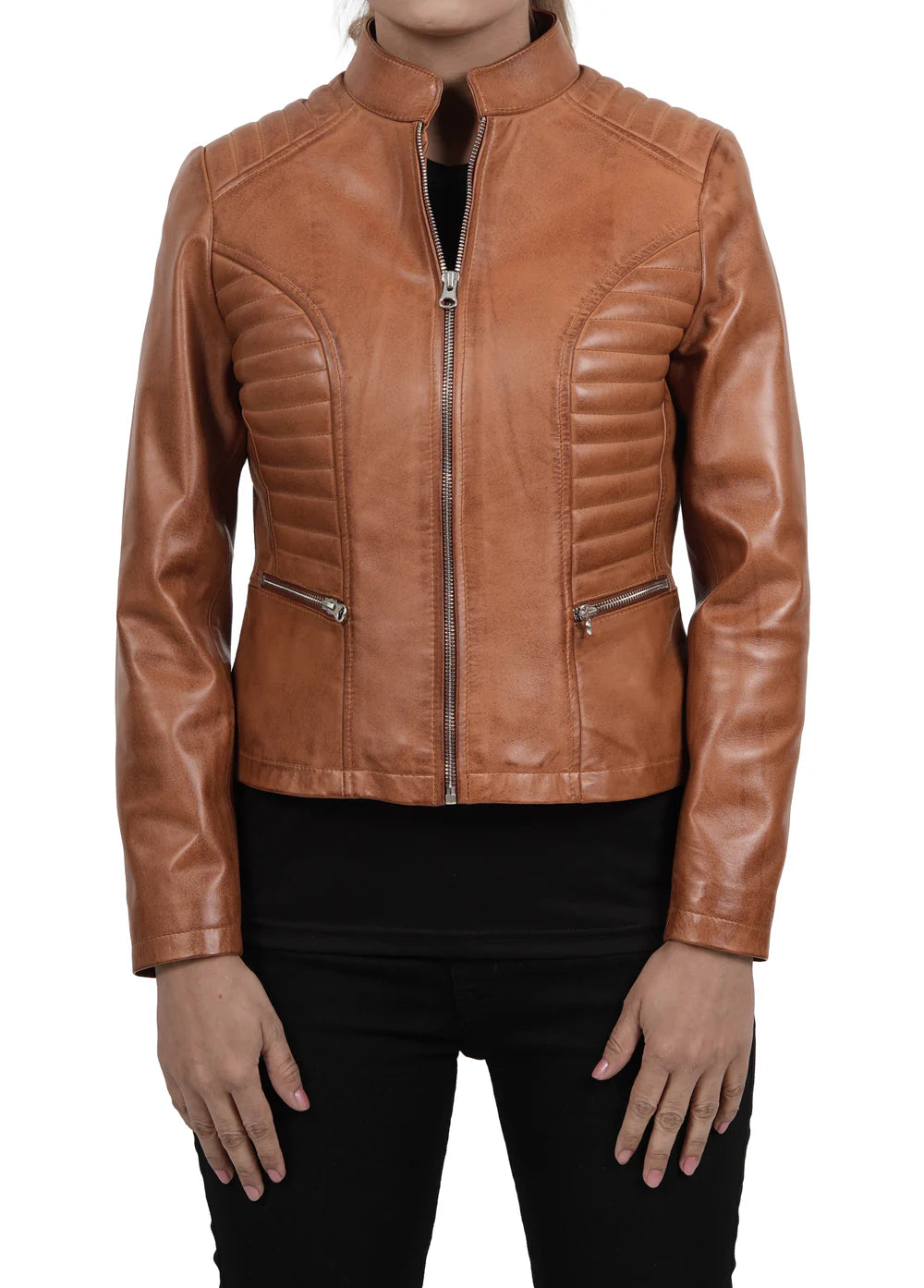 Rachel Womens Tan Cafe Racer Leather Jacket