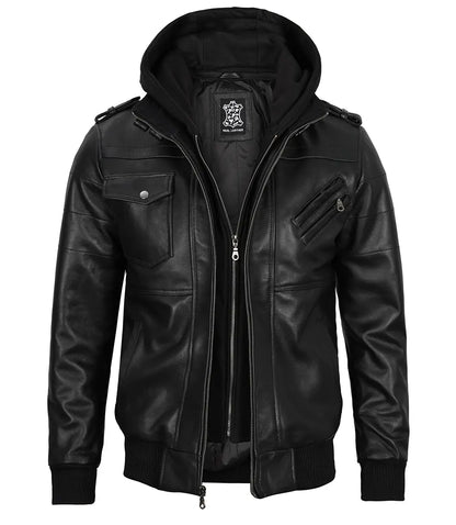 Edinburgh Men Black Bomber Leather Jacket With Removable Hood