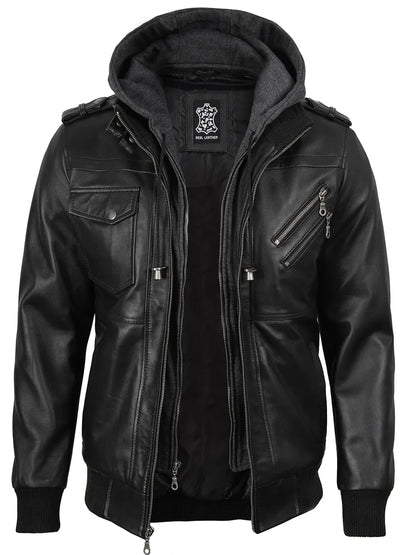 Men's Black Bomber Leather Jacket with Removable Hood