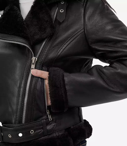 Women's Black Asymmetrical Shearling Leather Jacket