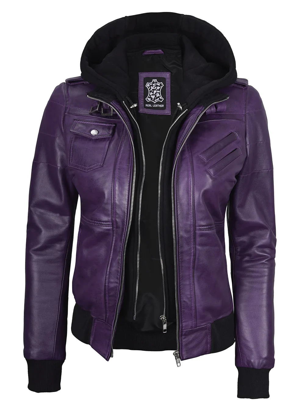 Women's Purple Real Leather Jacket with Removable Hood