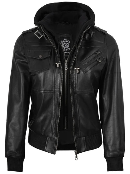 Real Leather Women's Bomber Black Jacket with Removable Hood