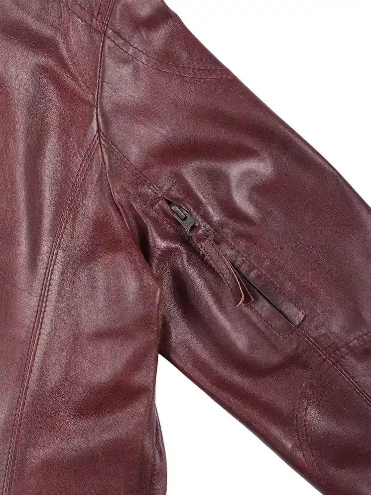 Ramsey Women's Burgundy Asymmetrical Leather Biker Style Jacket