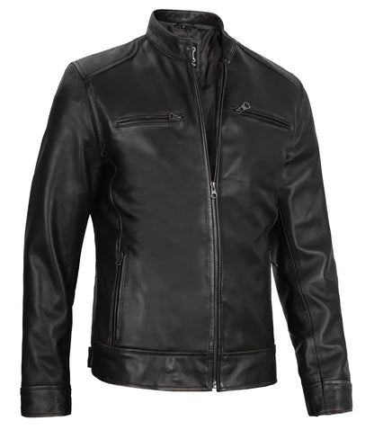 Real Leather Men's Black Cafe Racer Jacket