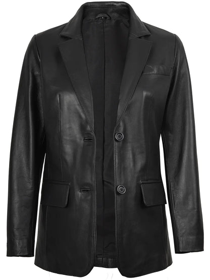 Women's Two Button Black Real Leather Blazer