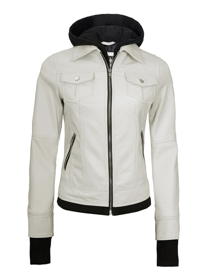 Womens Off White Biker Style Leather Jacket with Hood