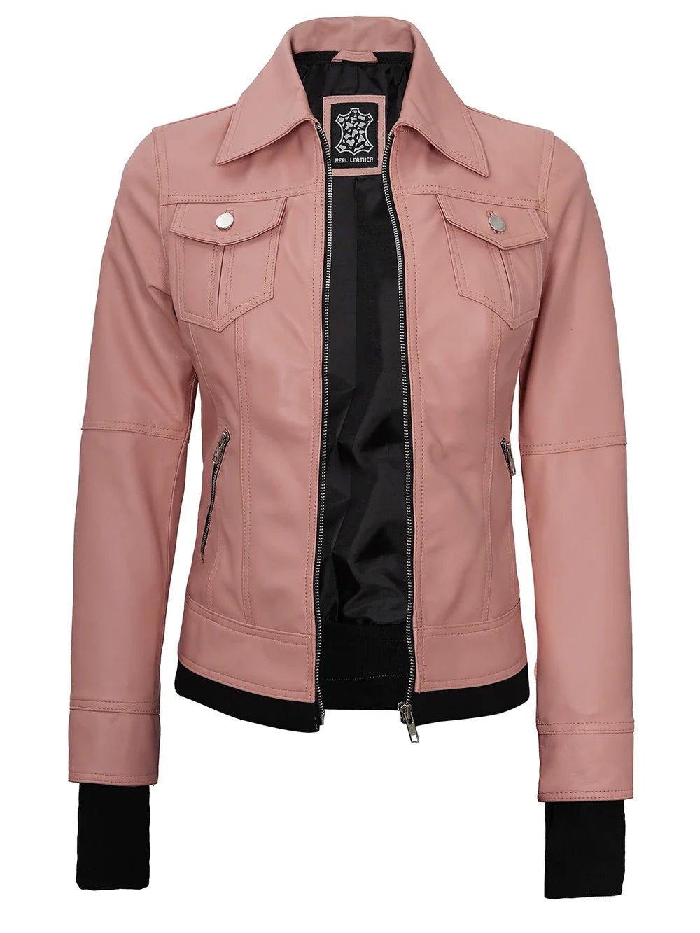 Tralee Women's Pink Leather Biker Style Jacket with Hood