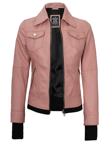 Tralee Women's Pink Leather Biker Style Jacket with Hood