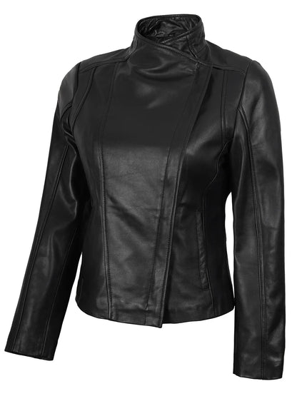 Womens Flap Closure Cafe Racer Black Leather Jacket