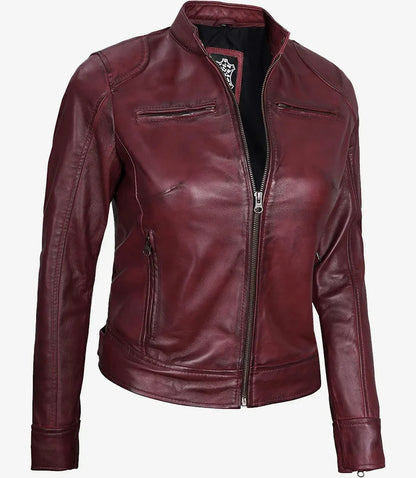 Dodge Womens Burgundy Leather Jacket Cafe Racer