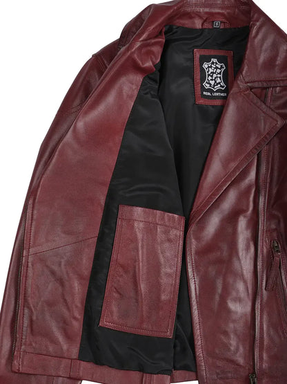 Ramsey Women's Burgundy Asymmetrical Leather Biker Style Jacket