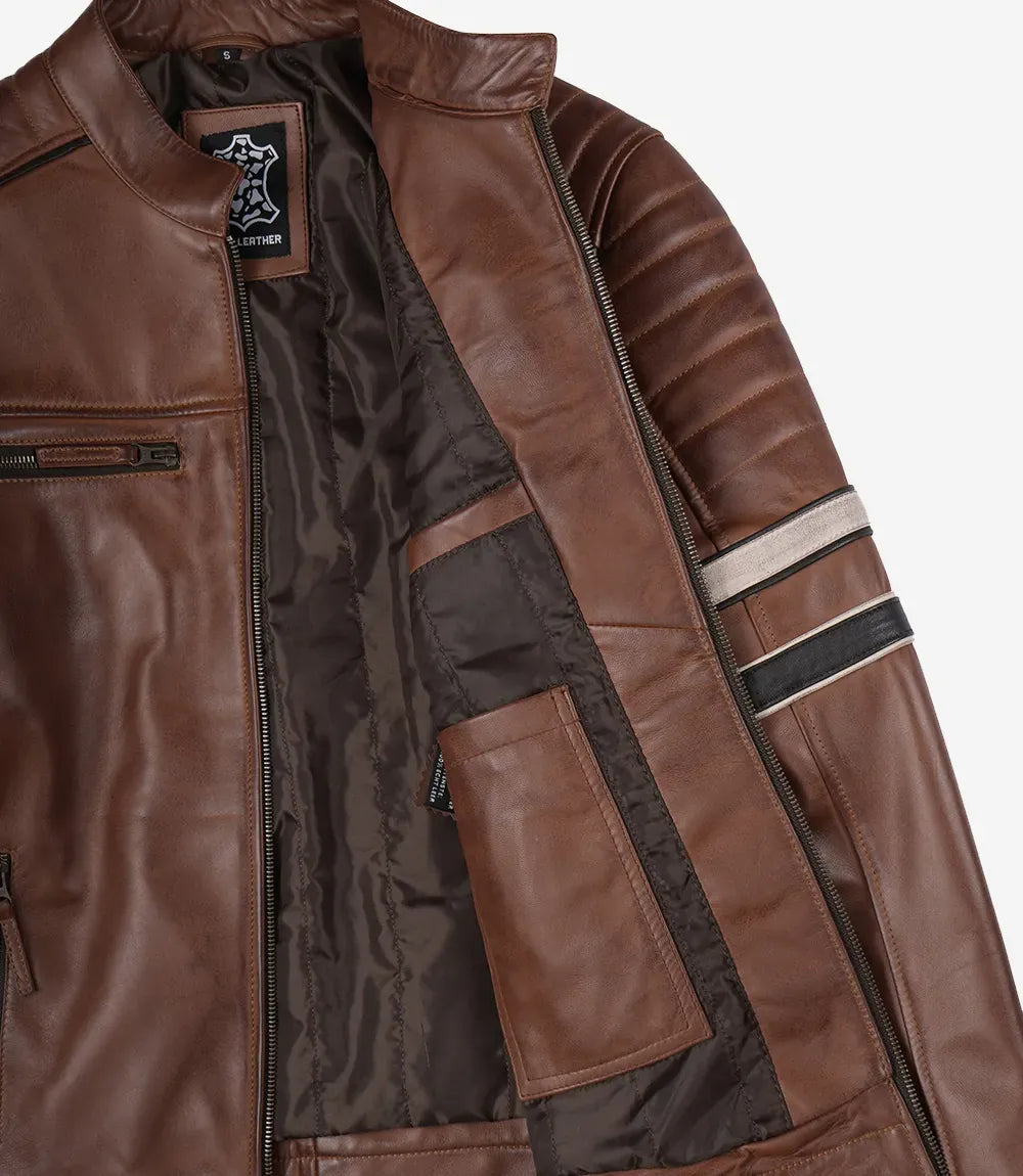 Men's Cognac Brown Leather Racer Jacket with Black and Beige Stripes