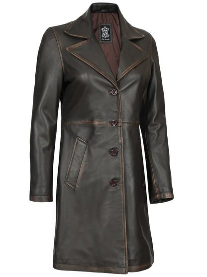 Bryson Women's Rub Off Dark Brown Leather Long 3/4 Coat